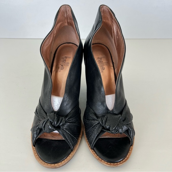♦️SOLD♦️BELLE SIGERSON MORRISON Black Leather Slip On Peep Toe Booties Heel Wedg - Picture 5 of 10